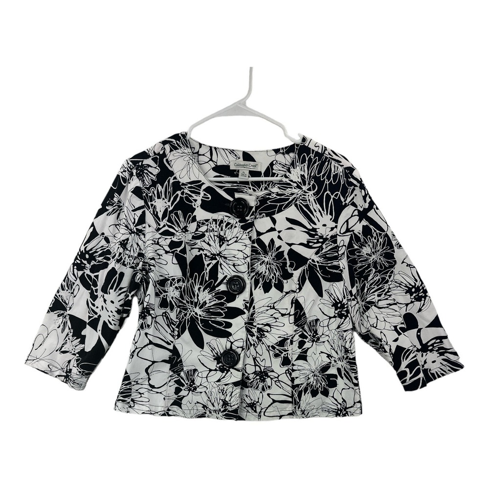 Coldwater Creek Jacket Women PL Black White Excellent Floral Cropped 3/4 Sleeve